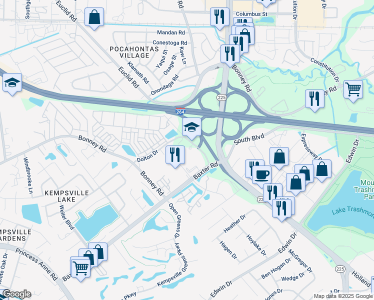 map of restaurants, bars, coffee shops, grocery stores, and more near 4781 Alicia Drive in Virginia Beach