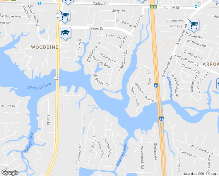 map of restaurants, bars, coffee shops, grocery stores, and more near 5959 Mcginnis Circle in Norfolk