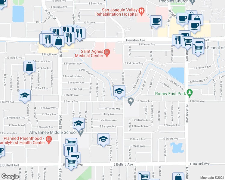 map of restaurants, bars, coffee shops, grocery stores, and more near 6461 North 6th Street in Fresno