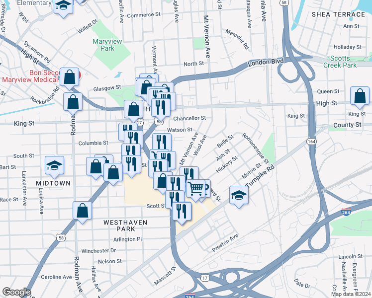 map of restaurants, bars, coffee shops, grocery stores, and more near 1450 Mount Vernon Avenue in Portsmouth