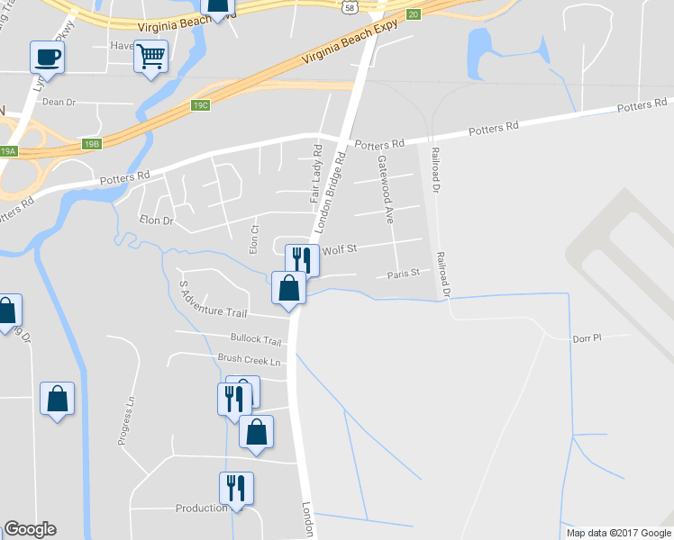 map of restaurants, bars, coffee shops, grocery stores, and more near 2245 Royal Haven Crest in Virginia Beach