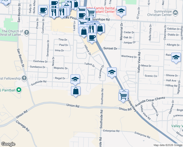 map of restaurants, bars, coffee shops, grocery stores, and more near 2011 Alissa Drive in Hollister