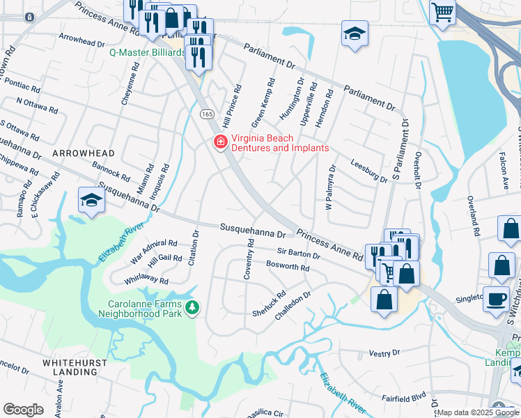 map of restaurants, bars, coffee shops, grocery stores, and more near 264 Coventry Road in Virginia Beach