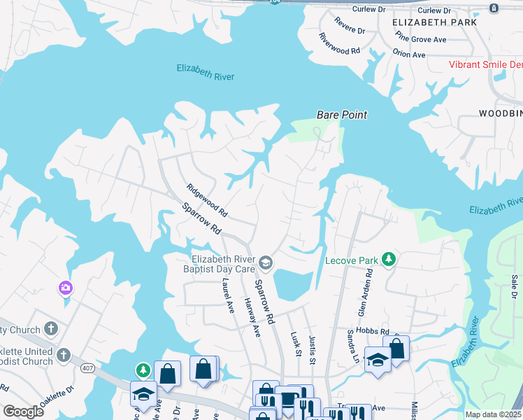 map of restaurants, bars, coffee shops, grocery stores, and more near 3524 Bow Street in Virginia Beach