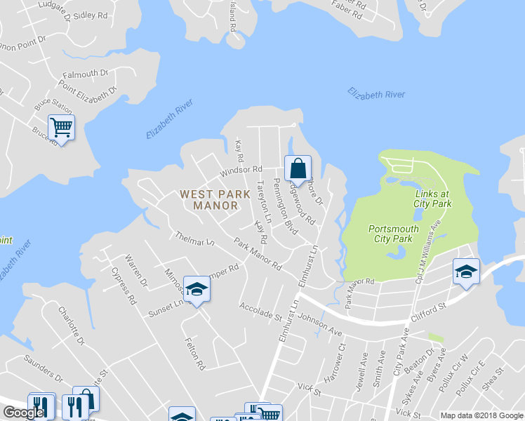 map of restaurants, bars, coffee shops, grocery stores, and more near 309 Tareyton Lane in Portsmouth