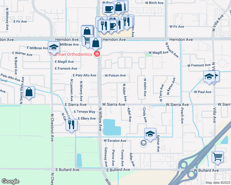 map of restaurants, bars, coffee shops, grocery stores, and more near 35 North Pierce Avenue in Clovis