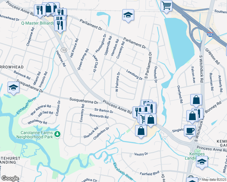 map of restaurants, bars, coffee shops, grocery stores, and more near 5328 South Palmyra Drive in Virginia Beach