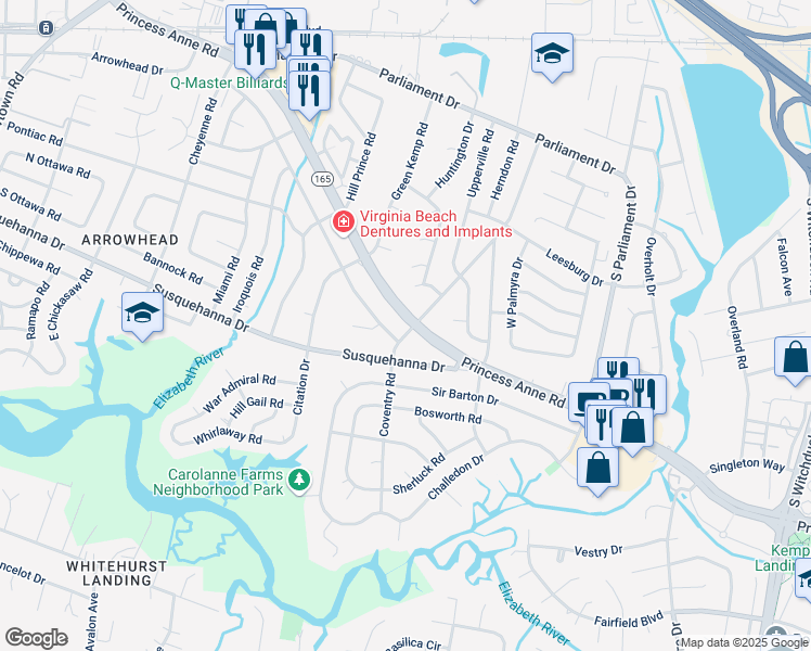 map of restaurants, bars, coffee shops, grocery stores, and more near 264 Coventry Road in Virginia Beach