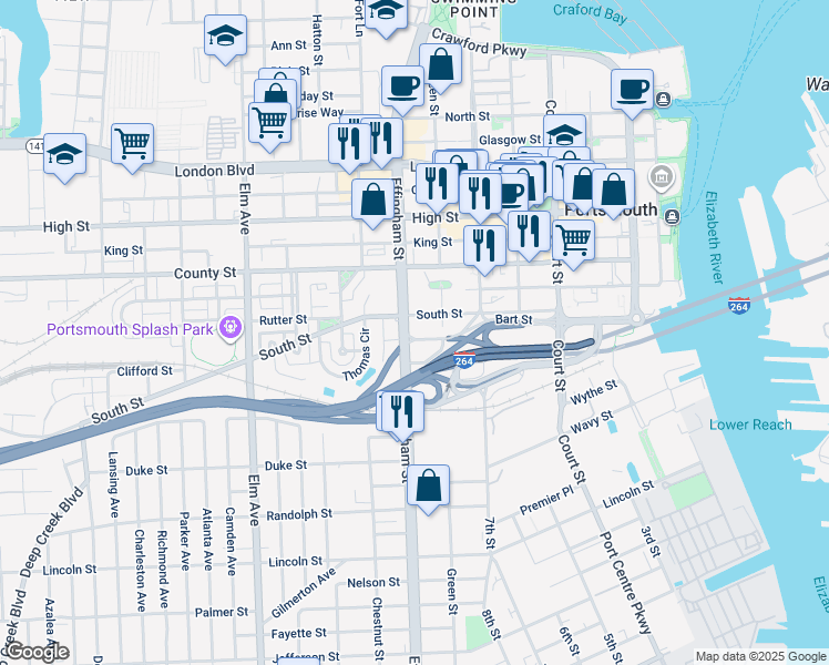map of restaurants, bars, coffee shops, grocery stores, and more near 1019 Effingham Street in Portsmouth