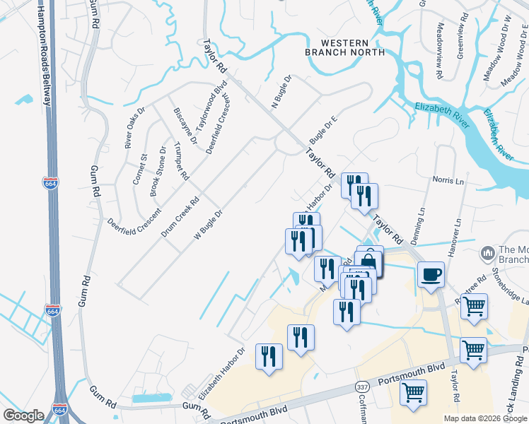 map of restaurants, bars, coffee shops, grocery stores, and more near 2411 West Bugle Drive in Chesapeake