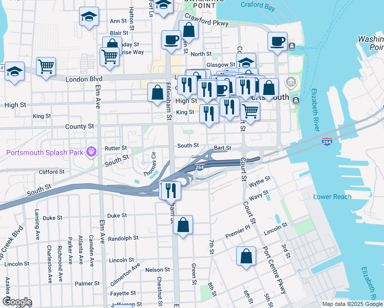 map of restaurants, bars, coffee shops, grocery stores, and more near 949 Green Street in Portsmouth
