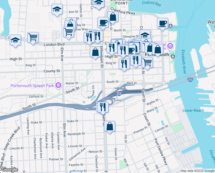 map of restaurants, bars, coffee shops, grocery stores, and more near 1019 Effingham Street in Portsmouth