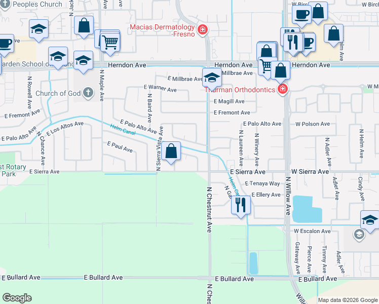map of restaurants, bars, coffee shops, grocery stores, and more near 6523 North Dearing Avenue in Fresno