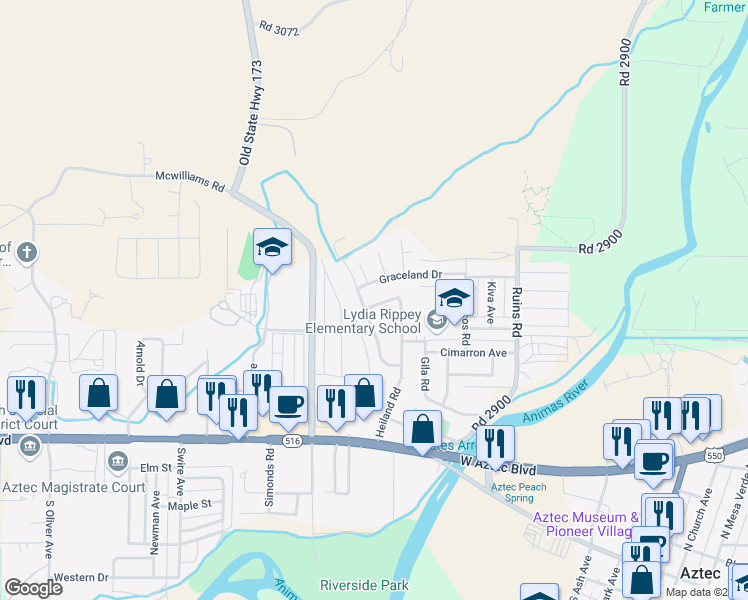 map of restaurants, bars, coffee shops, grocery stores, and more near 1217 Iris Drive in Aztec