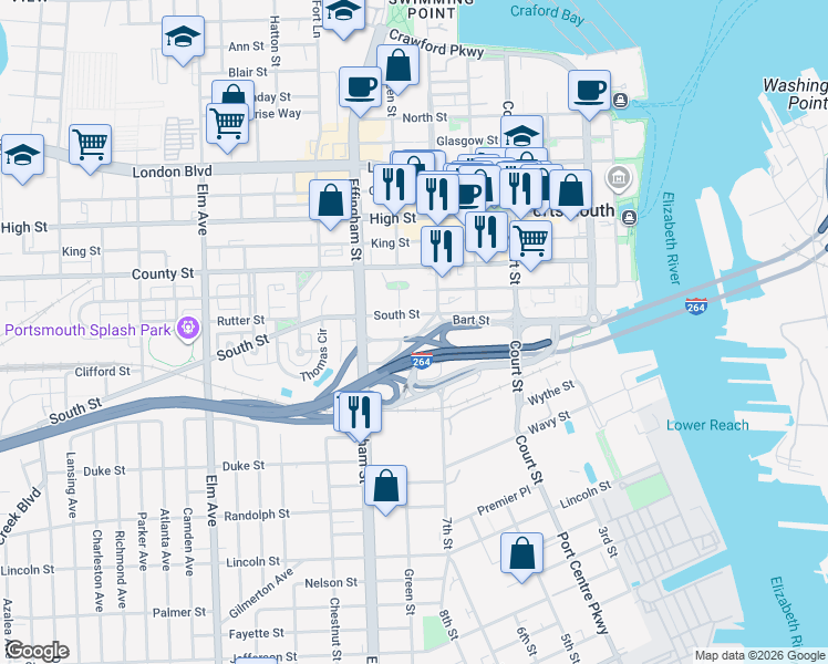 map of restaurants, bars, coffee shops, grocery stores, and more near 951 Green Street in Portsmouth