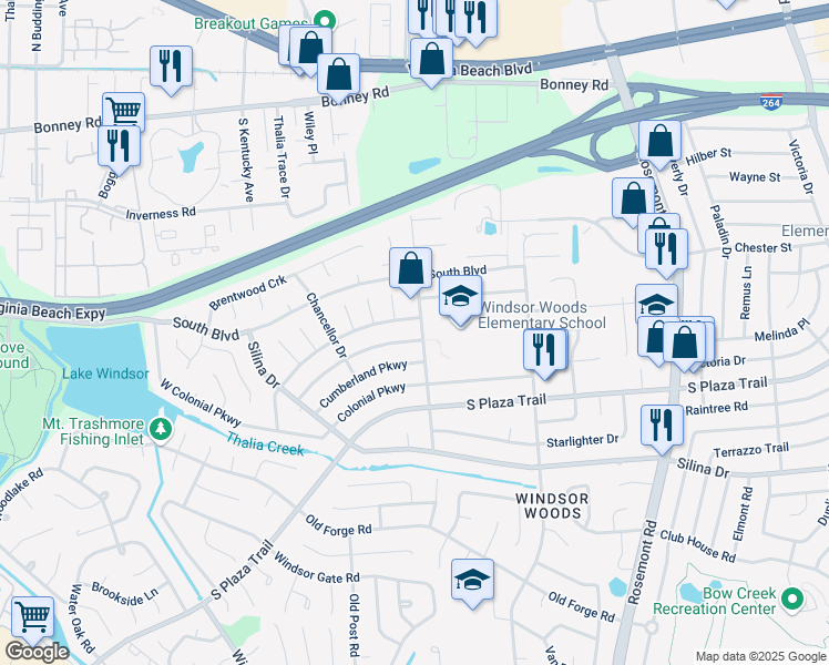 map of restaurants, bars, coffee shops, grocery stores, and more near 3800 William Penn Blvd in Virginia Beach