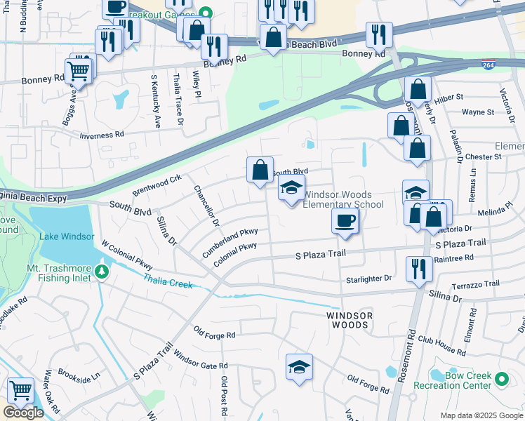 map of restaurants, bars, coffee shops, grocery stores, and more near 3800 William Penn Blvd in Virginia Beach