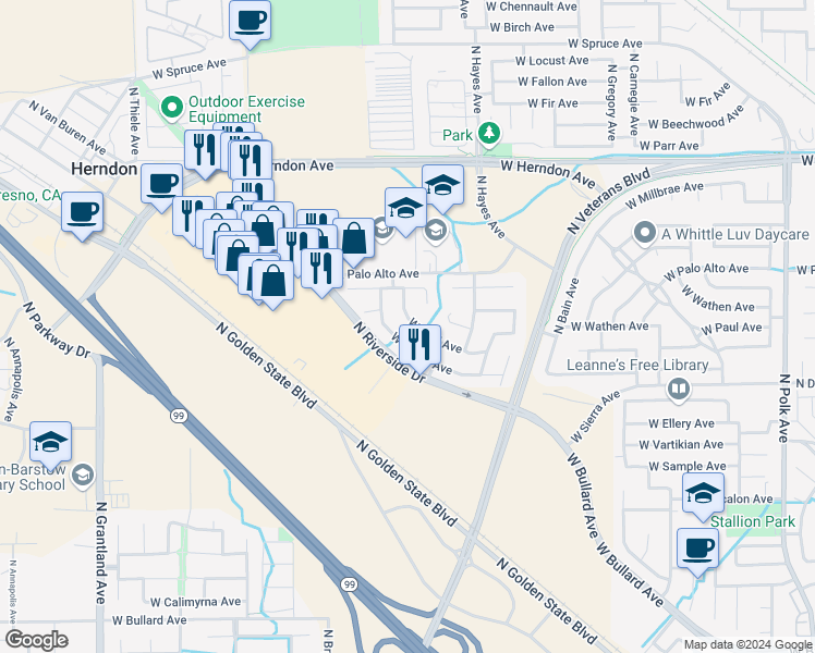 map of restaurants, bars, coffee shops, grocery stores, and more near 6289 West Paul Avenue in Fresno