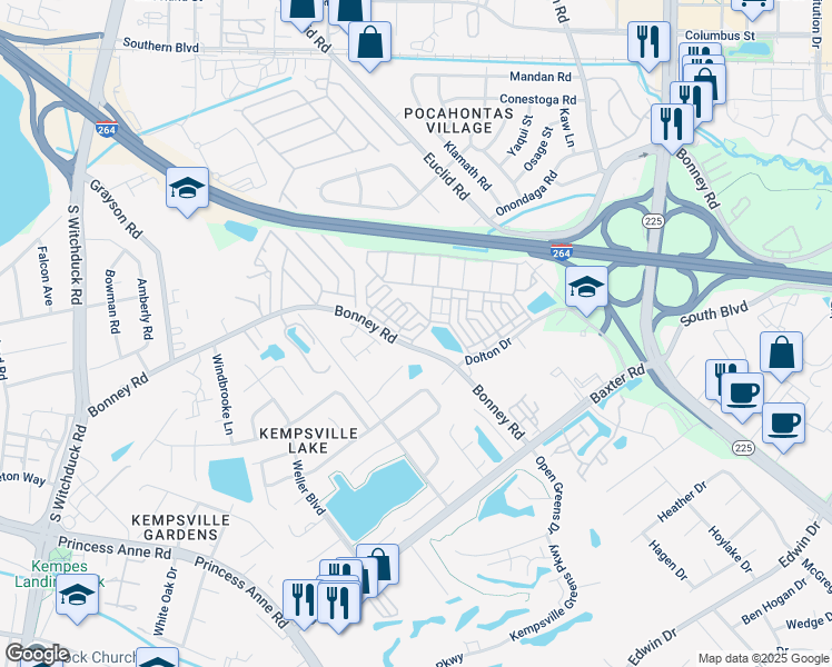 map of restaurants, bars, coffee shops, grocery stores, and more near 277 Larimar Avenue in Virginia Beach
