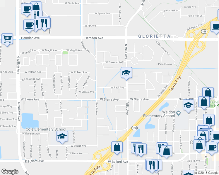 map of restaurants, bars, coffee shops, grocery stores, and more near 309 West Paul Avenue in Clovis