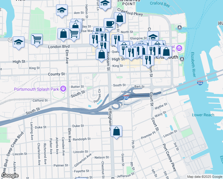 map of restaurants, bars, coffee shops, grocery stores, and more near 1019 Effingham Street in Portsmouth