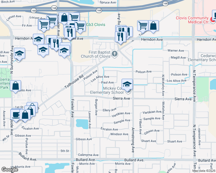 map of restaurants, bars, coffee shops, grocery stores, and more near 42 North Cypress Avenue in Clovis