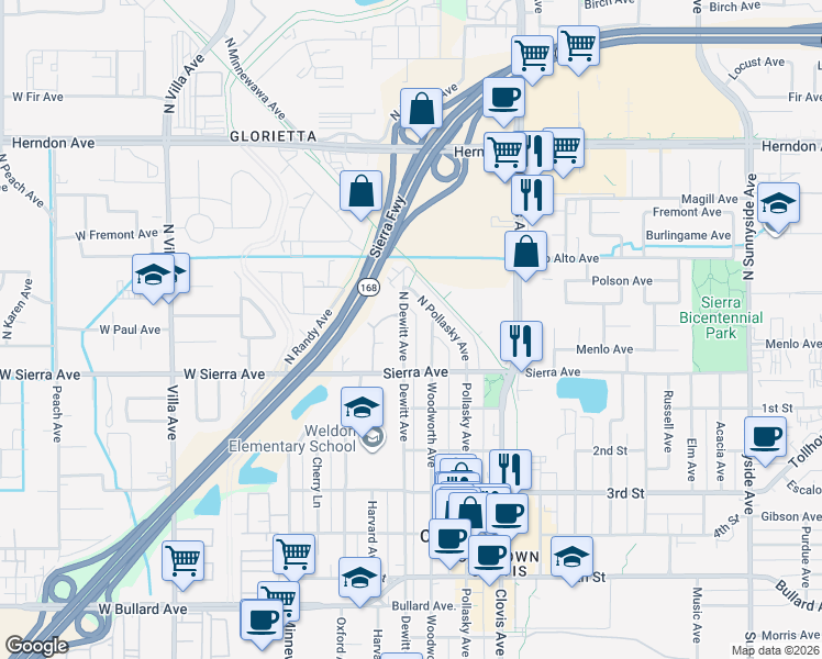 map of restaurants, bars, coffee shops, grocery stores, and more near 21 North Dewitt Avenue in Clovis