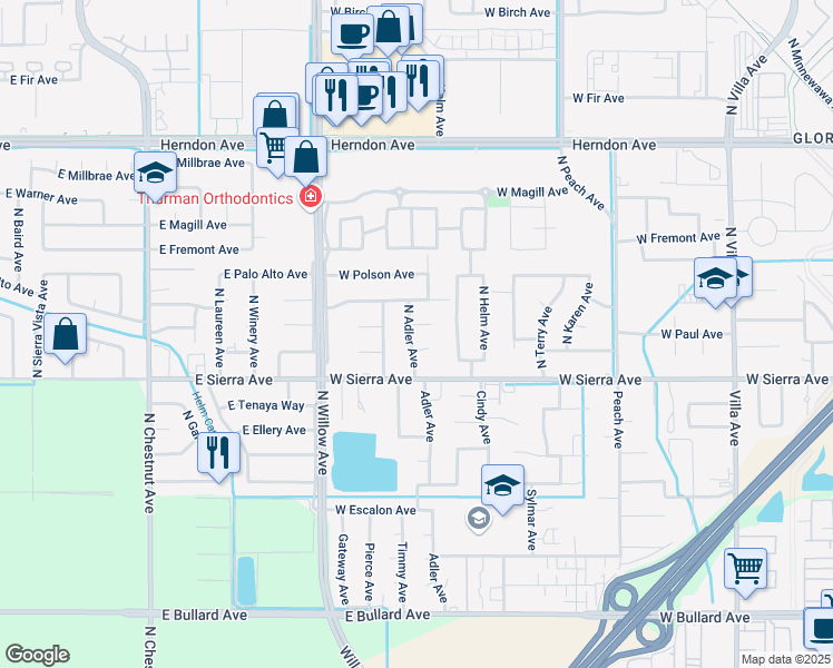 map of restaurants, bars, coffee shops, grocery stores, and more near 636 West Menlo Avenue in Clovis