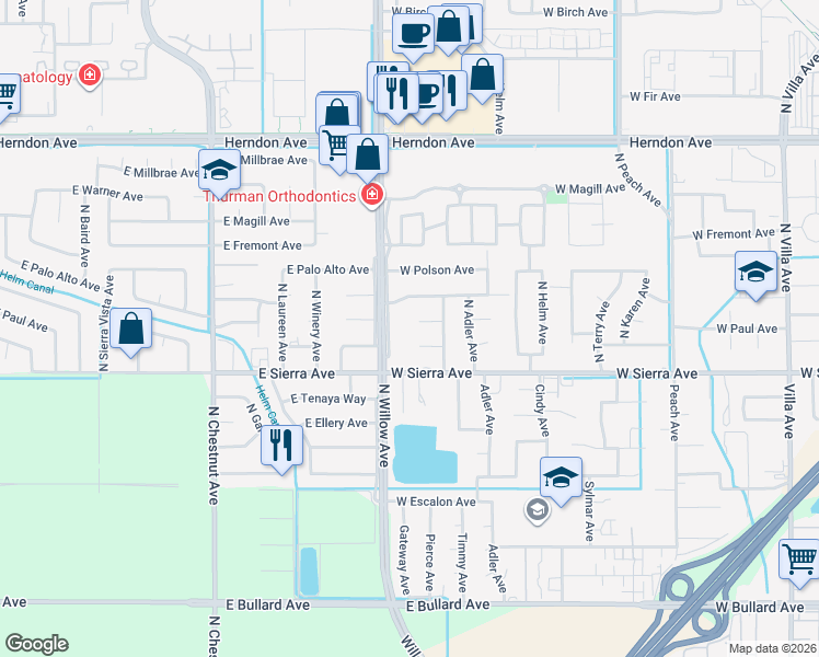 map of restaurants, bars, coffee shops, grocery stores, and more near 782 West Menlo Avenue in Clovis