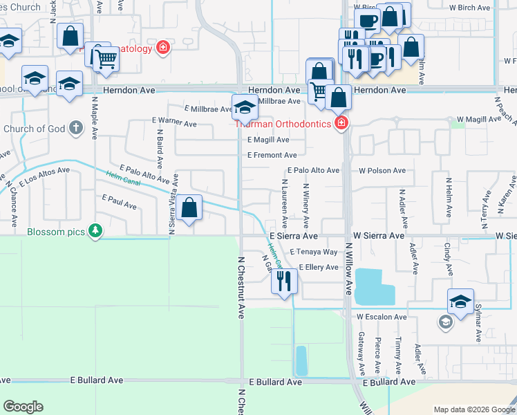 map of restaurants, bars, coffee shops, grocery stores, and more near 3110 East Sierra Avenue in Fresno
