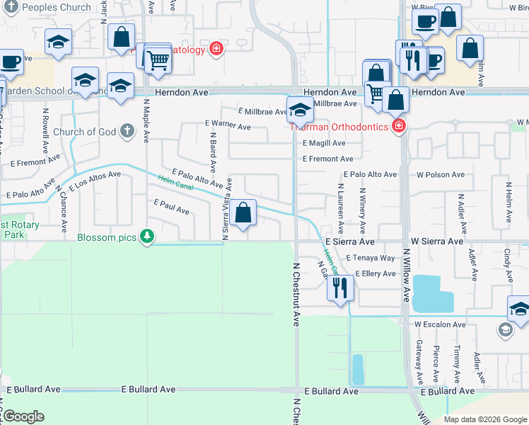 map of restaurants, bars, coffee shops, grocery stores, and more near 6523 North Dearing Avenue in Fresno