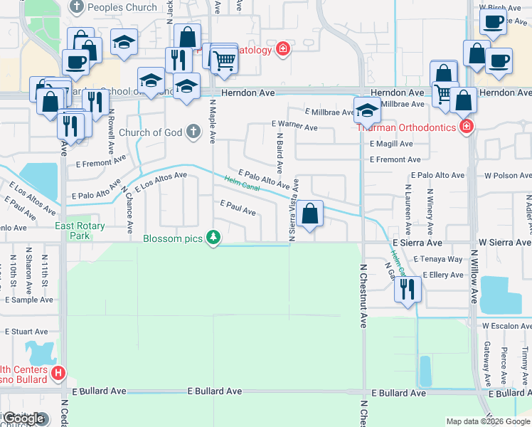 map of restaurants, bars, coffee shops, grocery stores, and more near 6544 North Backer Avenue in Fresno