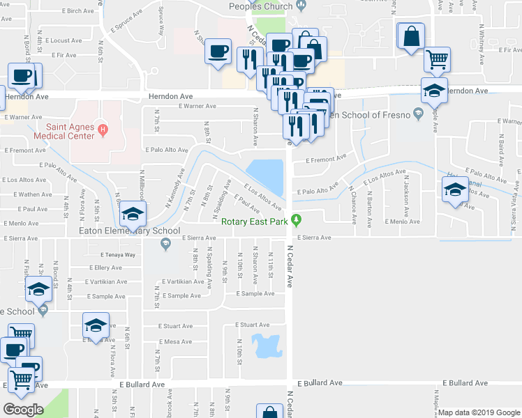map of restaurants, bars, coffee shops, grocery stores, and more near 1745 East Menlo Avenue in Fresno