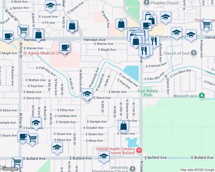 map of restaurants, bars, coffee shops, grocery stores, and more near 1600 East Menlo Avenue in Fresno