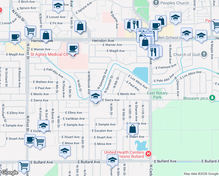 map of restaurants, bars, coffee shops, grocery stores, and more near 6451 North 8th Street in Fresno
