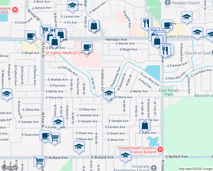 map of restaurants, bars, coffee shops, grocery stores, and more near 6442 North Kennedy Avenue in Fresno