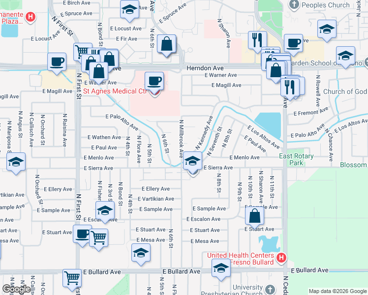 map of restaurants, bars, coffee shops, grocery stores, and more near 6442 North Kennedy Avenue in Fresno