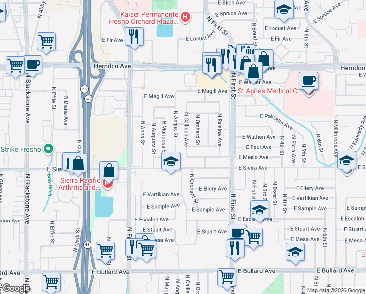 map of restaurants, bars, coffee shops, grocery stores, and more near 6445 North Callisch Avenue in Fresno