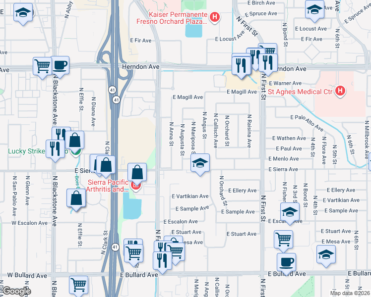 map of restaurants, bars, coffee shops, grocery stores, and more near 6441 North Augusta Street in Fresno