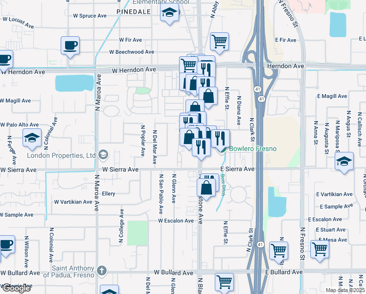 map of restaurants, bars, coffee shops, grocery stores, and more near 58 West Sierra Avenue in Fresno