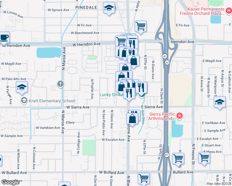 map of restaurants, bars, coffee shops, grocery stores, and more near 58 West Sierra Avenue in Fresno