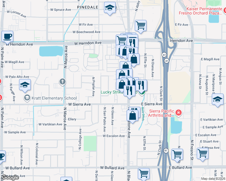 map of restaurants, bars, coffee shops, grocery stores, and more near 121 West Menlo Avenue in Fresno