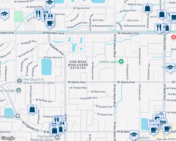 map of restaurants, bars, coffee shops, grocery stores, and more near 6445 North Briarwood Avenue in Fresno