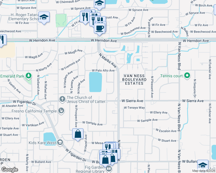map of restaurants, bars, coffee shops, grocery stores, and more near 6463 North Blosser Avenue in Fresno