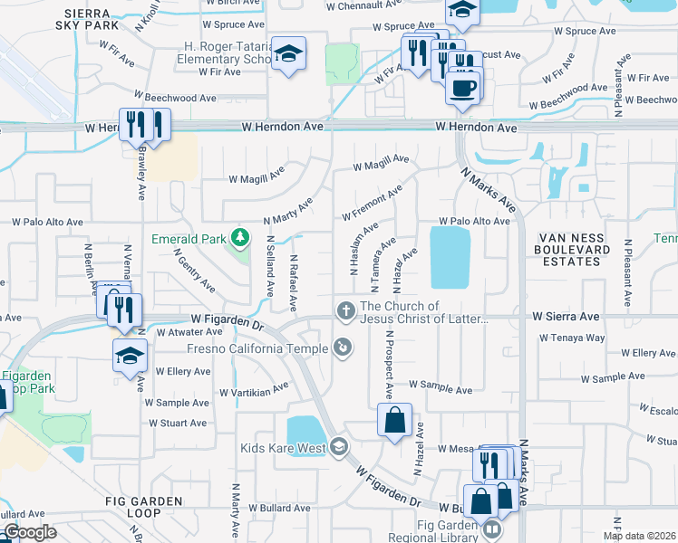 map of restaurants, bars, coffee shops, grocery stores, and more near 3382 West Menlo Avenue in Fresno