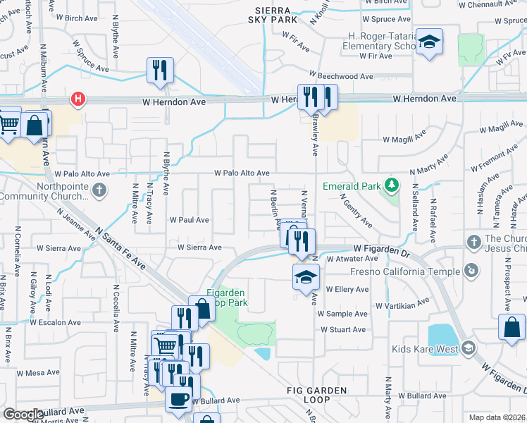 map of restaurants, bars, coffee shops, grocery stores, and more near 4112 West Menlo Avenue in Fresno