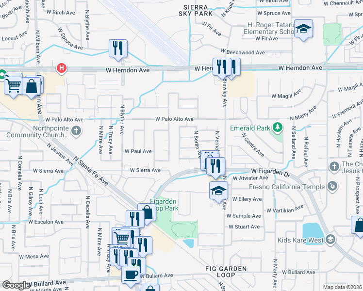 map of restaurants, bars, coffee shops, grocery stores, and more near 4170 West Menlo Avenue in Fresno
