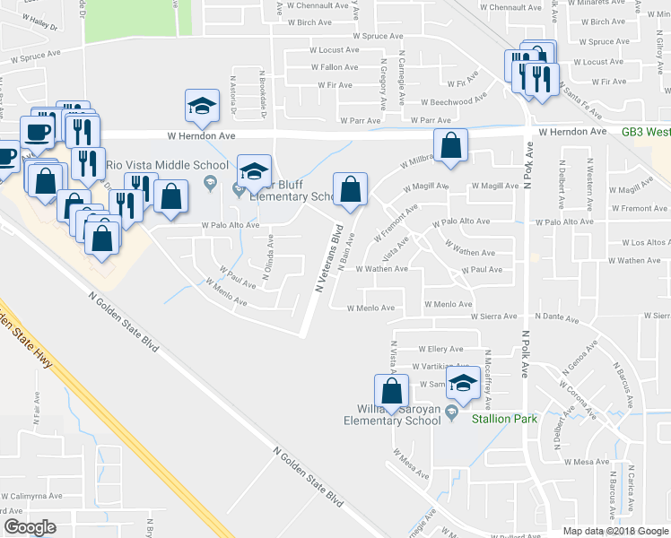 map of restaurants, bars, coffee shops, grocery stores, and more near 5976 West Paul Avenue in Fresno
