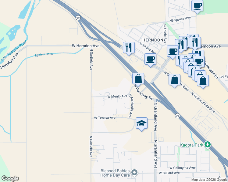 map of restaurants, bars, coffee shops, grocery stores, and more near 7281 West Menlo Avenue in Fresno