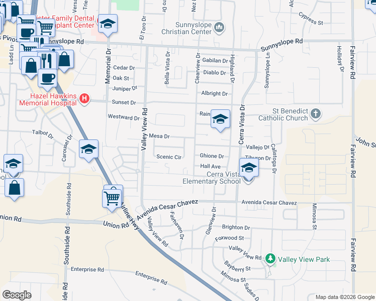 map of restaurants, bars, coffee shops, grocery stores, and more near 1410 Hall Avenue in Hollister